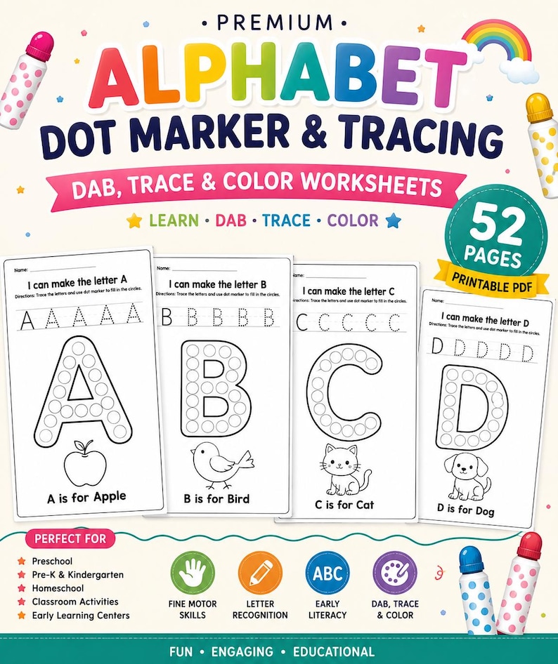 Peut inclure: Un ensemble de 52 feuilles de travail imprimables en PDF pour le tra&ccedil;age et le marquage par points de l'alphabet, incluant les lettres A &agrave; D avec des illustrations d'une pomme, d'un oiseau, d'un chat et d'un chien et des marqueurs color&eacute;s.