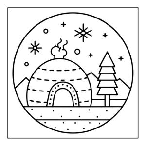 Op de afbeelding: Een zwart-witte cirkelvormige lijntekening met een iglo waar rook uit de top komt, een enkele naaldboom en silhouetten van verre bergen. De nachtelijke hemel is gevuld met verschillende stervormen en kleine cirkels.