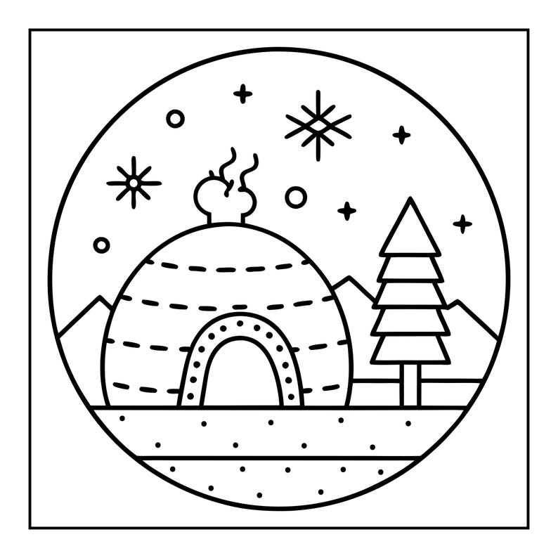 Op de afbeelding: Een zwart-witte cirkelvormige lijntekening met een iglo waar rook uit de top komt, een enkele naaldboom en silhouetten van verre bergen. De nachtelijke hemel is gevuld met verschillende stervormen en kleine cirkels.