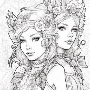 May include: A black and white line art illustration featuring two figures with wavy hair adorned with floral crowns and leaves. Both figures wear detailed chokers and tops with intricate patterns, set against a background of foliage.