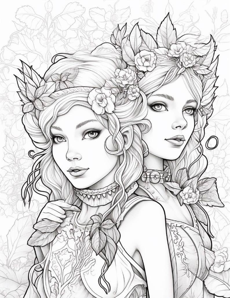 May include: A black and white line art illustration featuring two figures with wavy hair adorned with floral crowns and leaves. Both figures wear detailed chokers and tops with intricate patterns, set against a background of foliage.