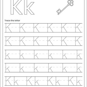May include: A black and white educational worksheet titled Letter Tracing featuring the letter Kk in uppercase and lowercase. The page includes a line drawing of a key to color and six rows of dotted lines for tracing the letter K and k.