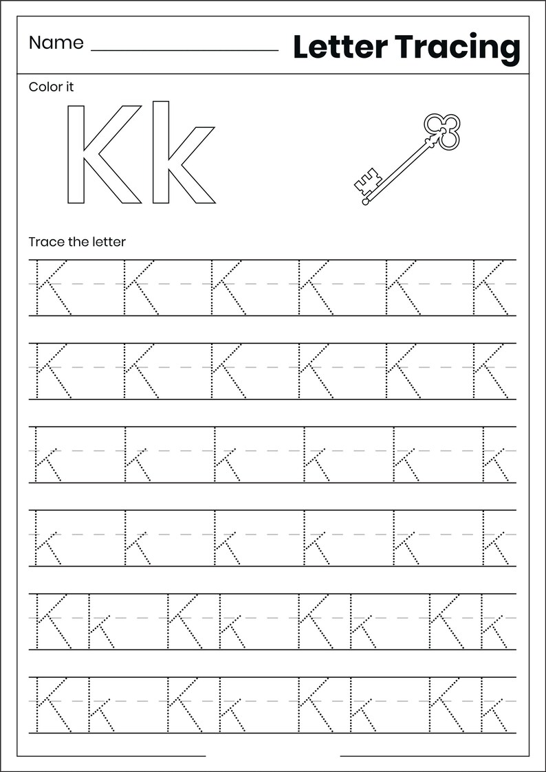 May include: A black and white educational worksheet titled Letter Tracing featuring the letter Kk in uppercase and lowercase. The page includes a line drawing of a key to color and six rows of dotted lines for tracing the letter K and k.