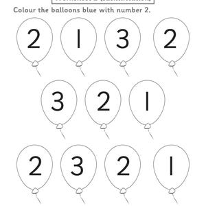 Puede incluir: Una hoja de trabajo educativa en blanco y negro titulada Worksheet 2 (Identification) con once ilustraciones de globos, cada una con el n&uacute;mero 1, 2 o 3. El texto indica colorear los globos de azul con el n&uacute;mero 2, con espacio para la fecha.