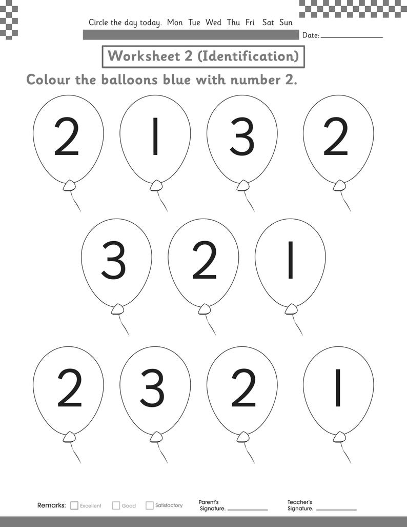 Puede incluir: Una hoja de trabajo educativa en blanco y negro titulada Worksheet 2 (Identification) con once ilustraciones de globos, cada una con el n&uacute;mero 1, 2 o 3. El texto indica colorear los globos de azul con el n&uacute;mero 2, con espacio para la fecha.