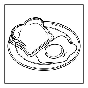 May include: A black and white line art illustration of a breakfast meal on a round plate. The meal consists of two slices of stacked bread toast and a single fried egg with a visible yolk, rendered with clean outlines on a plain white background.