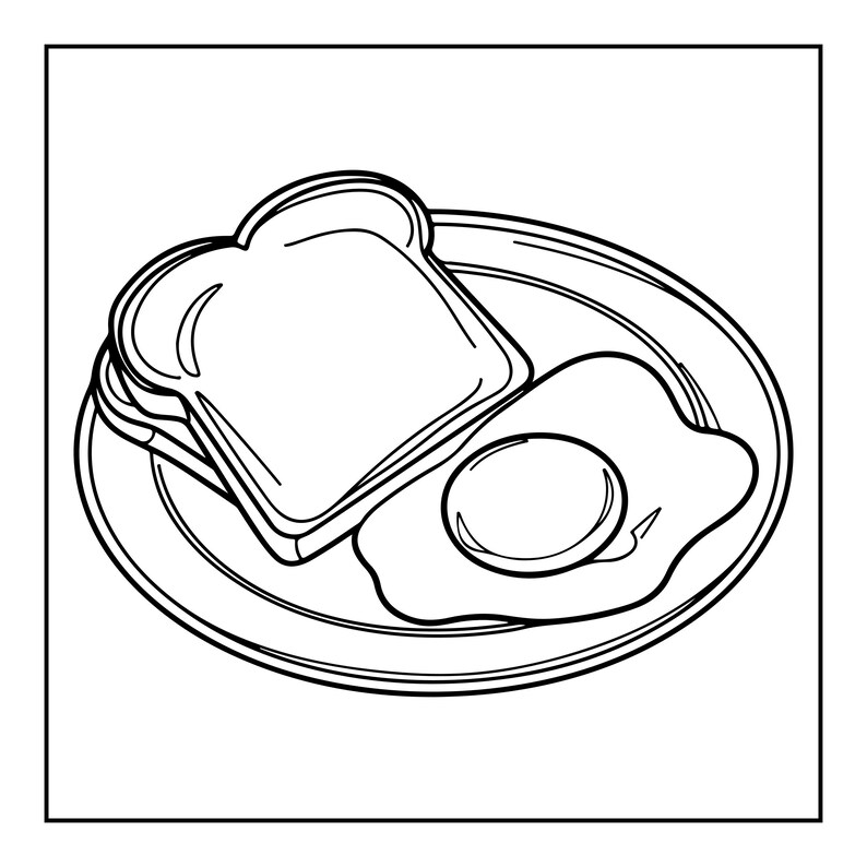 May include: A black and white line art illustration of a breakfast meal on a round plate. The meal consists of two slices of stacked bread toast and a single fried egg with a visible yolk, rendered with clean outlines on a plain white background.