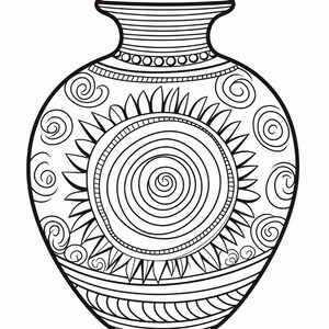 K&ouml;nnte beinhalten: Eine schwarz-wei&szlig;e Strichzeichnung einer Vase mit einem zentralen kreisf&ouml;rmigen Spiralmotiv, das von strahlenden Bl&uuml;tenbl&auml;ttern umgeben ist. Der Hals und der Boden sind mit horizontalen B&auml;ndern und kleinen Kreisen verziert, w&auml;hrend der K&ouml;rper Spiralmuster aufweist.