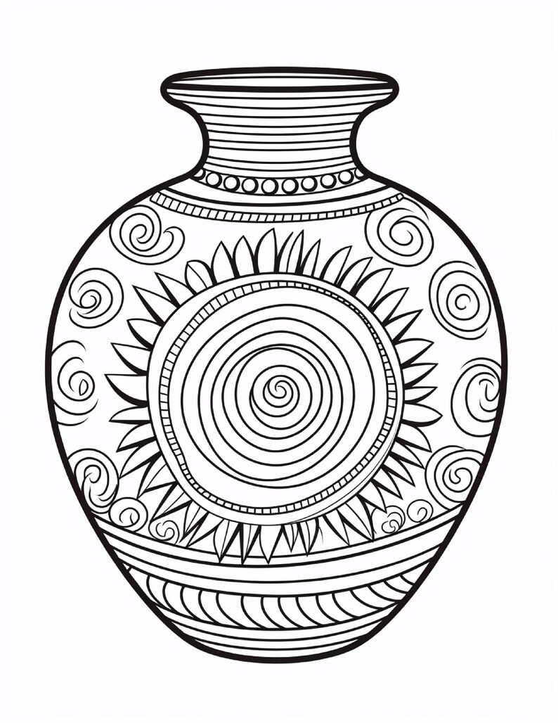 K&ouml;nnte beinhalten: Eine schwarz-wei&szlig;e Strichzeichnung einer Vase mit einem zentralen kreisf&ouml;rmigen Spiralmotiv, das von strahlenden Bl&uuml;tenbl&auml;ttern umgeben ist. Der Hals und der Boden sind mit horizontalen B&auml;ndern und kleinen Kreisen verziert, w&auml;hrend der K&ouml;rper Spiralmuster aufweist.