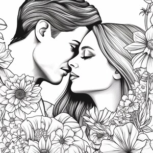 May include: A black and white line art illustration featuring a couple with their foreheads touching, surrounded by a dense arrangement of various blooming flowers and foliage. The drawing uses detailed shading and clean lines to define the faces.