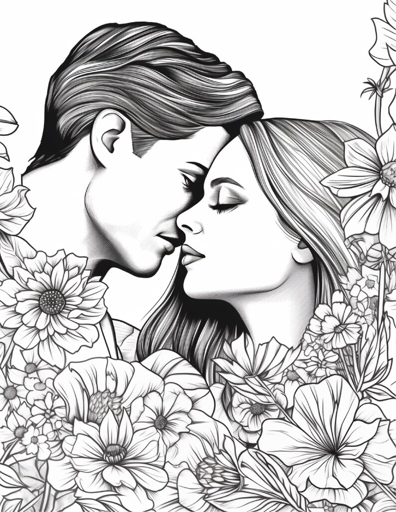 May include: A black and white line art illustration featuring a couple with their foreheads touching, surrounded by a dense arrangement of various blooming flowers and foliage. The drawing uses detailed shading and clean lines to define the faces.