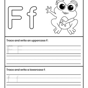 Pu&ograve; includere: Una scheda didattica in bianco e nero con le lettere maiuscole e minuscole Ff, un'illustrazione di una rana e il testo Color the letter Ff and a Frog, Trace and write an uppercase F, e Trace and write a lowercase f.