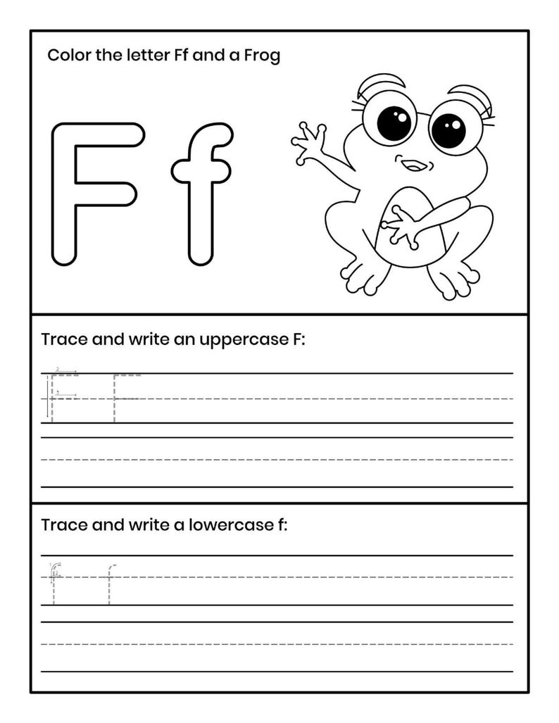 Pu&ograve; includere: Una scheda didattica in bianco e nero con le lettere maiuscole e minuscole Ff, un'illustrazione di una rana e il testo Color the letter Ff and a Frog, Trace and write an uppercase F, e Trace and write a lowercase f.