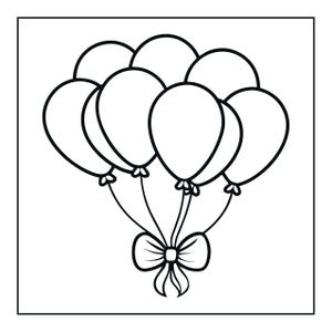 May include: A black and white line art illustration of a cluster of seven balloons tied together with a decorative bow at the base. The balloons are rounded and feature simple knot details where the strings meet the bow at the bottom centre.