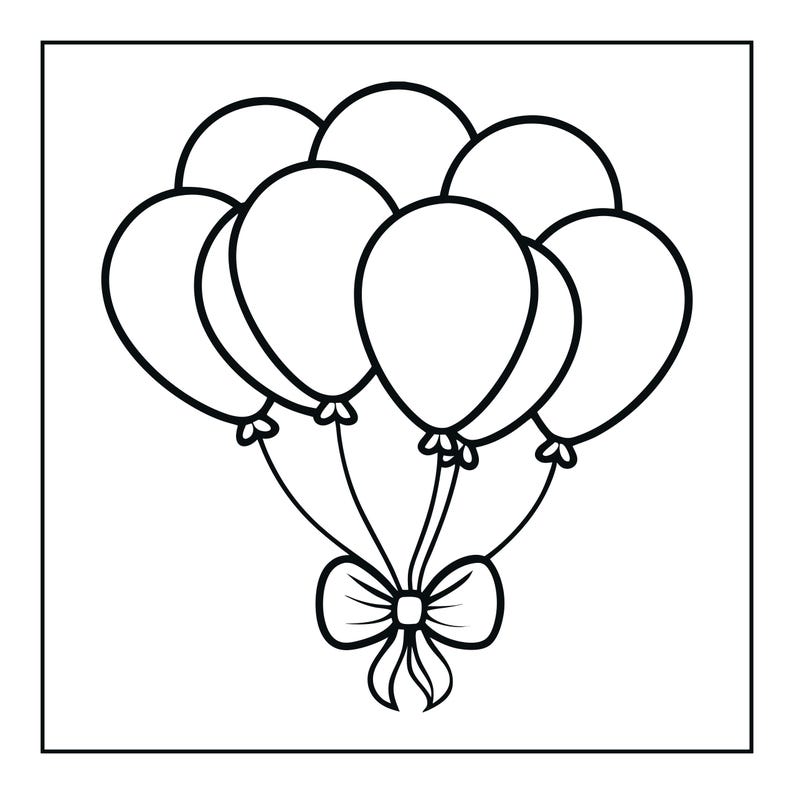 May include: A black and white line art illustration of a cluster of seven balloons tied together with a decorative bow at the base. The balloons are rounded and feature simple knot details where the strings meet the bow at the bottom centre.