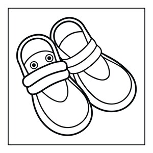 May include: A pair of black and white line art illustrations of slip-on shoes. Each shoe features a rounded toe, a thick padded strap across the midfoot, and a heel strap. The design is rendered in simple, bold black outlines on a white background.