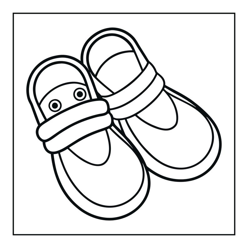 May include: A pair of black and white line art illustrations of slip-on shoes. Each shoe features a rounded toe, a thick padded strap across the midfoot, and a heel strap. The design is rendered in simple, bold black outlines on a white background.