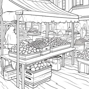 K&ouml;nnte beinhalten: Eine schwarz-wei&szlig;e Strichzeichnung eines Marktstandes im Freien mit Holzkisten voller verschiedener runder Erzeugnisse und B&uuml;ndeln langer Gem&uuml;sesorten, die alle unter einem gestreiften Stoffdach in einer Stadt stehen.