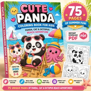 K&ouml;nnte beinhalten: Ein Cute Panda Malbuch f&uuml;r Kinder mit einem Panda, einer Katze und einem Oktopus am Strand. Das Cover zeigt die Figuren mit Sonnenbrillen, einem Sonnenschirm und einer Sandburg. Es enth&auml;lt 75 Seiten, einen PDF-Download und Beispiele f&uuml;r Ausmalbilder.