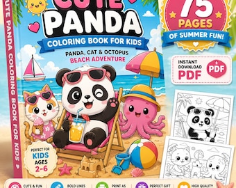 Summer Animals Coloring Book for Kids | Panda, Cat, Octopus Beach Theme (Digital Download)