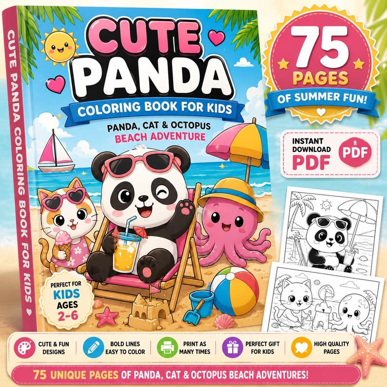 K&ouml;nnte beinhalten: Ein Cute Panda Malbuch f&uuml;r Kinder mit einem Panda, einer Katze und einem Oktopus am Strand. Das Cover zeigt die Figuren mit Sonnenbrillen, einem Sonnenschirm und einer Sandburg. Es enth&auml;lt 75 Seiten, einen PDF-Download und Beispiele f&uuml;r Ausmalbilder.