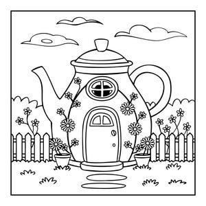 A line art coloring page features a teapot-shaped house with a door, round window, and handle, set behind a picket fence with flowers and clouds in the sky.
