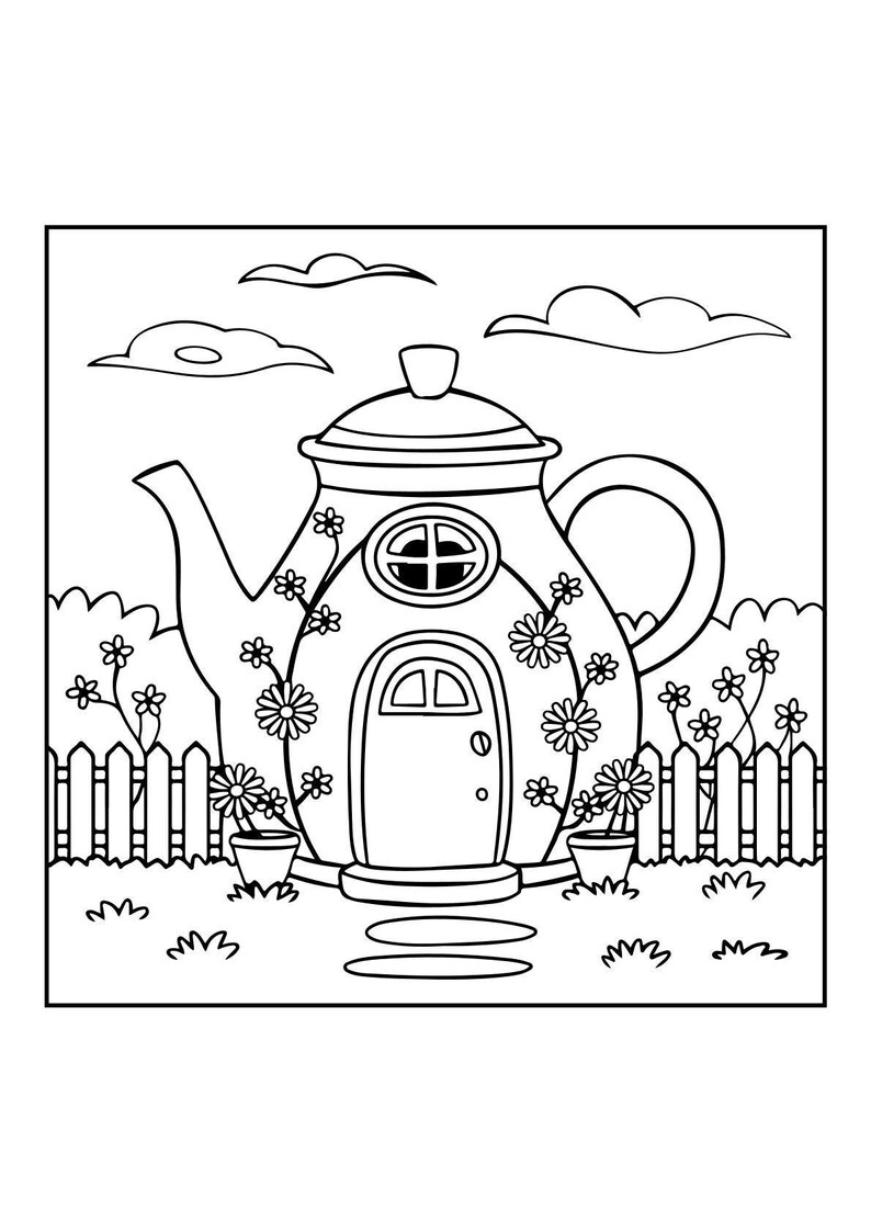 A line art coloring page features a teapot-shaped house with a door, round window, and handle, set behind a picket fence with flowers and clouds in the sky.