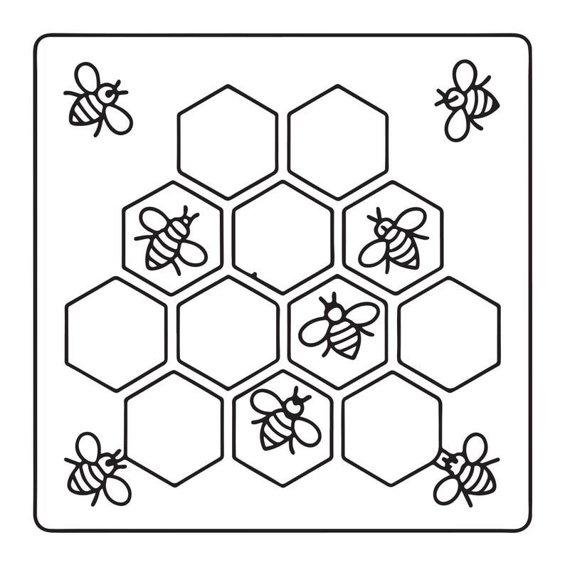 May include: A square stencil featuring a black line art design of a honeycomb pattern. The design includes multiple hexagonal cells arranged in a cluster, with several small bees positioned both inside specific cells and in the corners.
