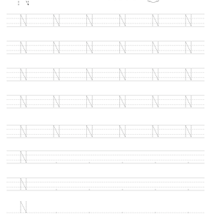 Pode incluir: Uma folha de exerc&iacute;cios educativa em preto e branco para praticar a letra N. A p&aacute;gina apresenta a letra N mai&uacute;scula, a palavra Nose, um desenho de linha de um nariz e v&aacute;rias linhas de letras N pontilhadas para praticar o tra&ccedil;ado.