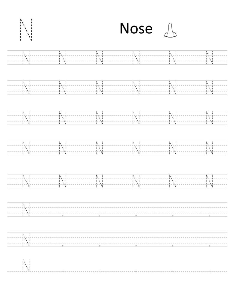 Pode incluir: Uma folha de exerc&iacute;cios educativa em preto e branco para praticar a letra N. A p&aacute;gina apresenta a letra N mai&uacute;scula, a palavra Nose, um desenho de linha de um nariz e v&aacute;rias linhas de letras N pontilhadas para praticar o tra&ccedil;ado.