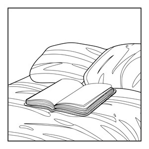 May include: A black and white line art illustration showing an open book resting on a bed with two pillows. The drawing features simple outlines of the pages, the book spine, and the soft folds of the bedding, creating a clear and minimalist scene.