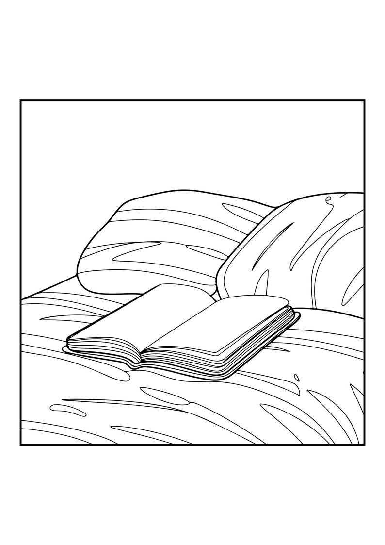 May include: A black and white line art illustration showing an open book resting on a bed with two pillows. The drawing features simple outlines of the pages, the book spine, and the soft folds of the bedding, creating a clear and minimalist scene.
