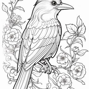 May include: A black and white line art illustration of a bird perched on a flowering branch. The bird has detailed feathers and a sharp beak, surrounded by blooming flowers and leaves. The design is clean, featuring bold outlines and intricate shading.