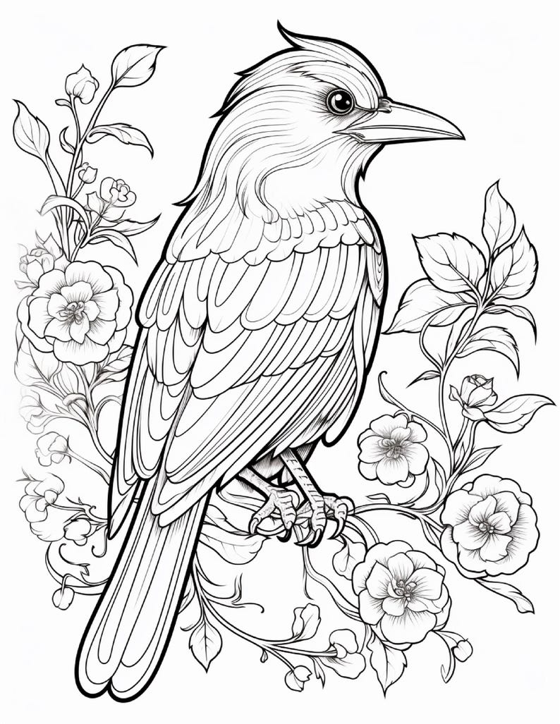 May include: A black and white line art illustration of a bird perched on a flowering branch. The bird has detailed feathers and a sharp beak, surrounded by blooming flowers and leaves. The design is clean, featuring bold outlines and intricate shading.