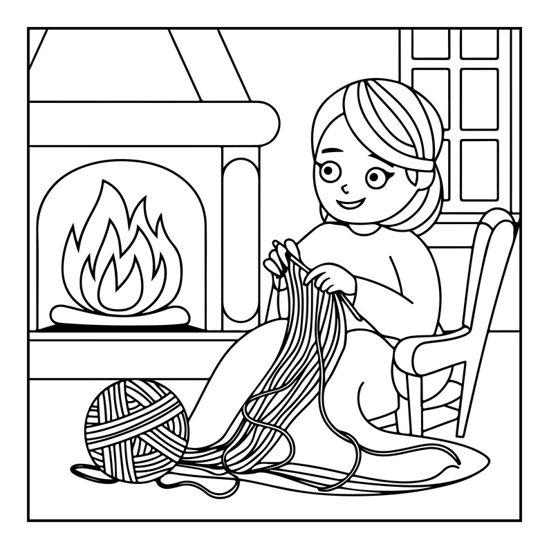May include: A black and white line art illustration of a person sitting in a chair knitting with yarn. A ball of yarn sits on the floor nearby. A fireplace with a visible flame is in the background, along with a window frame.