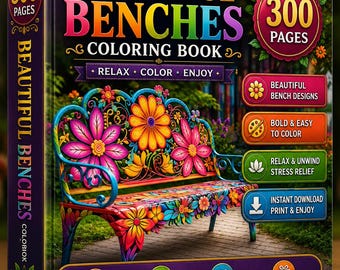 300-seitiges Malbuch mit Bänkenmotiven | Blumengarten-Designs (Digitaler Download)