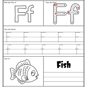 A printable worksheet page for the letter F with directional arrows, uppercase and lowercase tracing rows, a coloring picture of a fish, and letter circles.