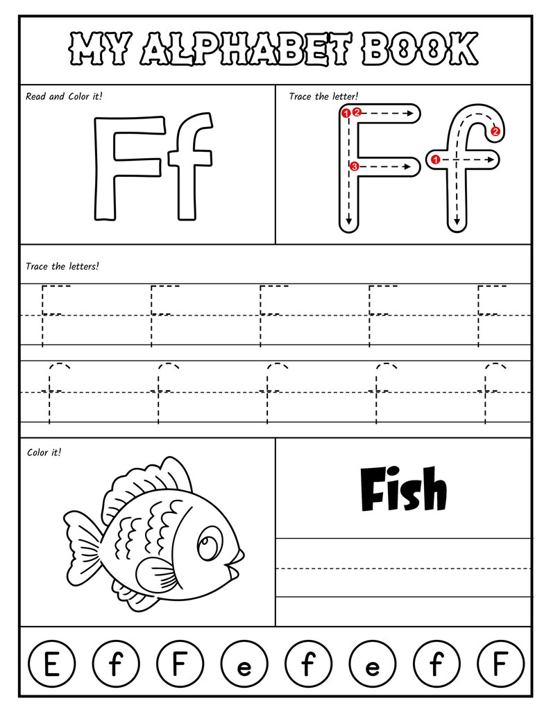 A printable worksheet page for the letter F with directional arrows, uppercase and lowercase tracing rows, a coloring picture of a fish, and letter circles.