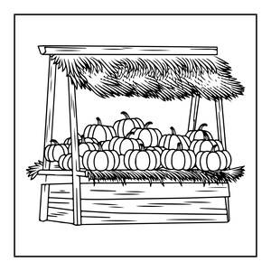May include: A black and white line art illustration of a wooden market stall with a thatched roof. The stall is filled with a collection of round pumpkins of varying sizes, arranged in a pile on the flat surface of the wooden display stand.