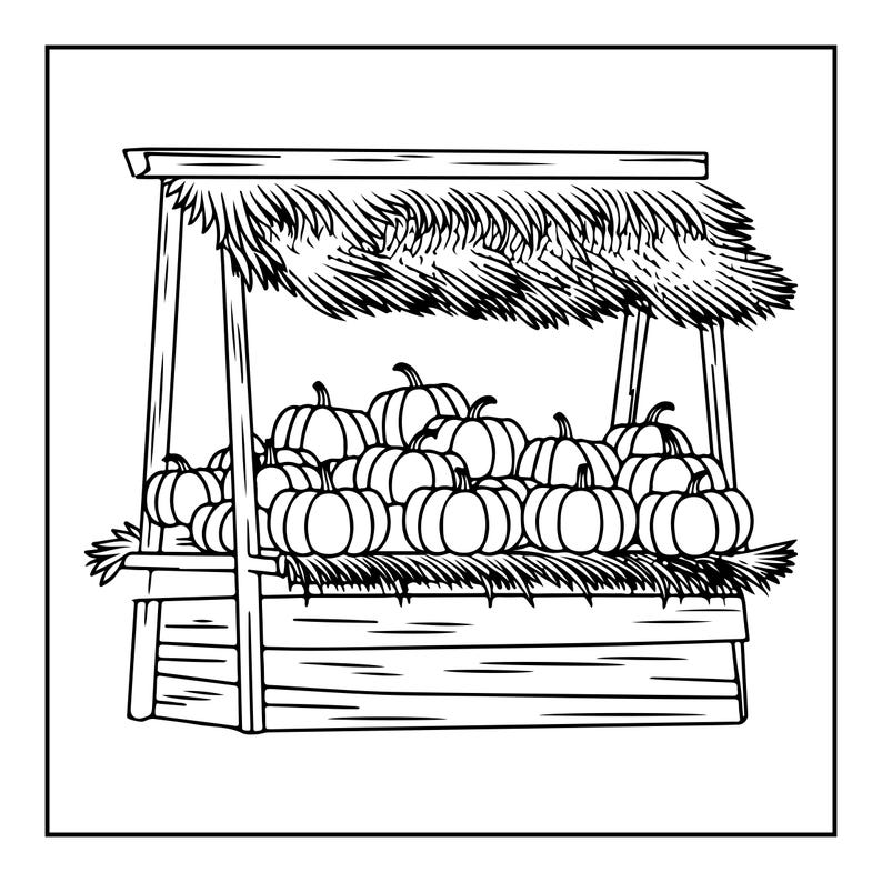 May include: A black and white line art illustration of a wooden market stall with a thatched roof. The stall is filled with a collection of round pumpkins of varying sizes, arranged in a pile on the flat surface of the wooden display stand.