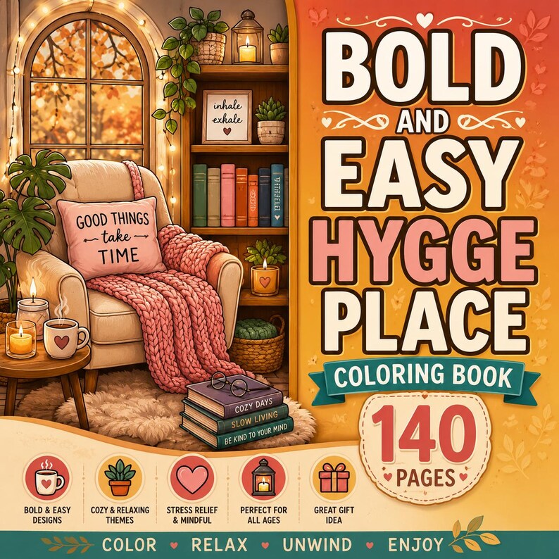 May include: A coloring book titled BOLD AND EASY HYGGE PLACE with 140 pages. The cover features an illustration of a cozy armchair with a pink knit blanket, a pillow reading GOOD THINGS take TIME, bookshelves, candles, and a stack of books.