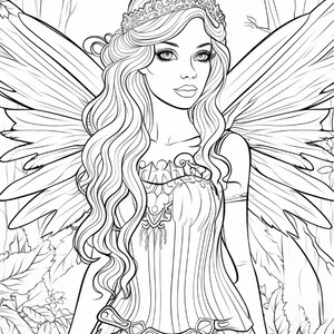 May include: A black and white line art coloring page illustration featuring a fairy with long wavy hair, a decorative crown, and large feathered wings. The figure wears a detailed bodice and stands amidst a forest background with leaves.