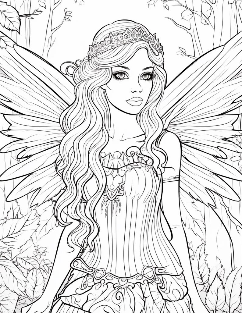 May include: A black and white line art coloring page illustration featuring a fairy with long wavy hair, a decorative crown, and large feathered wings. The figure wears a detailed bodice and stands amidst a forest background with leaves.