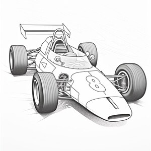 A black and white pencil drawing of a vintage race car with the number eight on the hood.