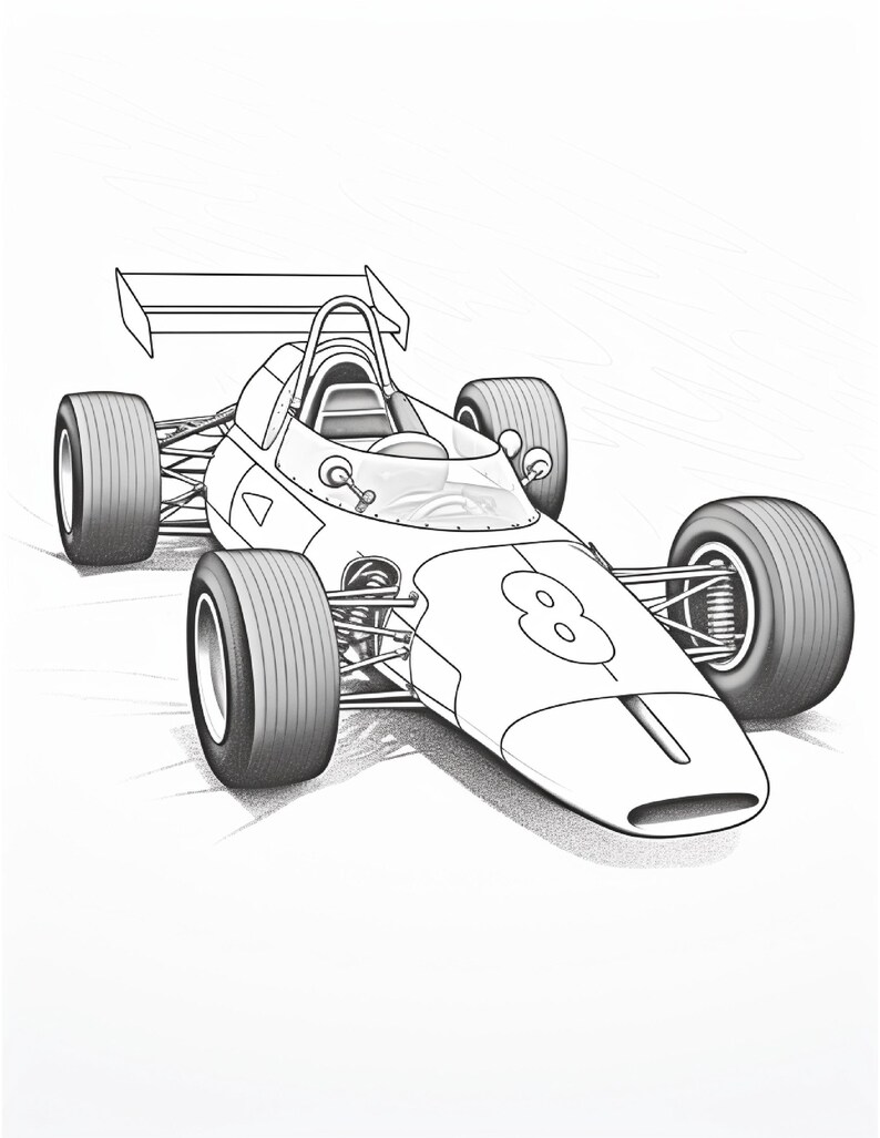 A black and white pencil drawing of a vintage race car with the number eight on the hood.