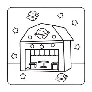 May include: A black and white line art illustration of a small house structure featuring a planet with rings on the roof. The interior shows a table and two chairs under a scalloped awning. The surrounding space is filled with stars and planets.