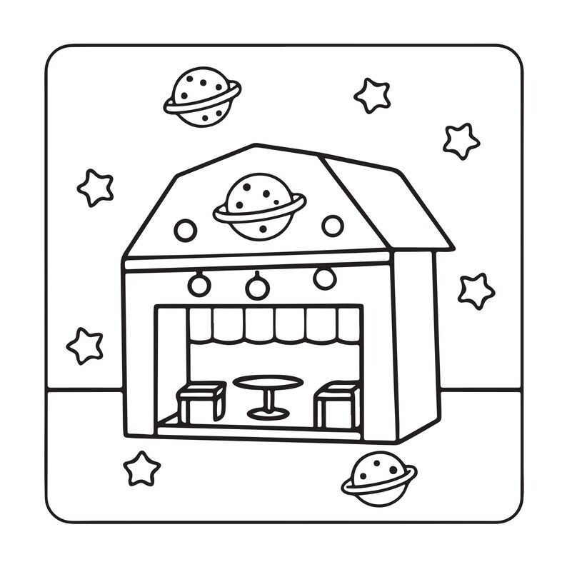 May include: A black and white line art illustration of a small house structure featuring a planet with rings on the roof. The interior shows a table and two chairs under a scalloped awning. The surrounding space is filled with stars and planets.