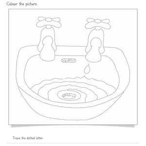 Peut inclure: Une fiche p&eacute;dagogique en noir et blanc intitul&eacute;e Topic: Letter 'g' Worksheet. Elle pr&eacute;sente un dessin au trait d'un lavabo avec deux robinets et une goutte d'eau, ainsi qu'une section en bas pour tracer la lettre g minuscule en pointill&eacute;s.