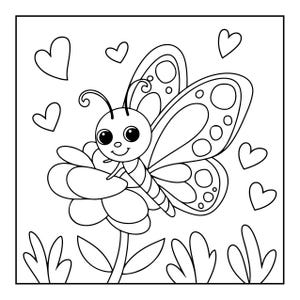 Pode incluir: Uma p&aacute;gina de colorir em preto e branco com uma borboleta de desenho animado com olhos grandes pousada em uma flor. A cena &eacute; decorada com v&aacute;rias formas de cora&ccedil;&otilde;es flutuantes e simples l&acirc;minas de grama na parte inferior, em linhas pretas.