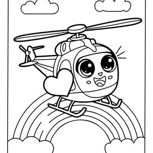 Puede incluir: Una p&aacute;gina para colorear en blanco y negro con un helic&oacute;ptero de dibujos animados con ojos grandes y una cara sonriente. El helic&oacute;ptero vuela sobre un arco&iacute;ris y nubes, sosteniendo un coraz&oacute;n en su costado. El dise&ntilde;o tiene contornos gruesos.